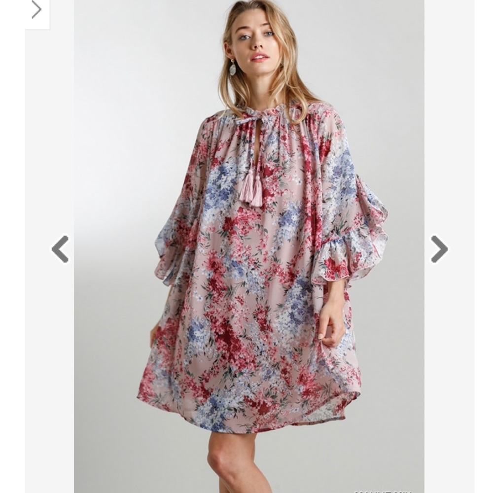 💥SALE🌟Umgee - Floral Print Bell Sleeve Chiffon Mini Dress